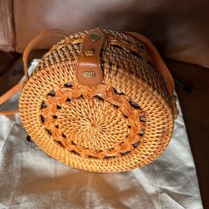 Rattan and Leather Round Braided Crossbody Basket Purse Bag